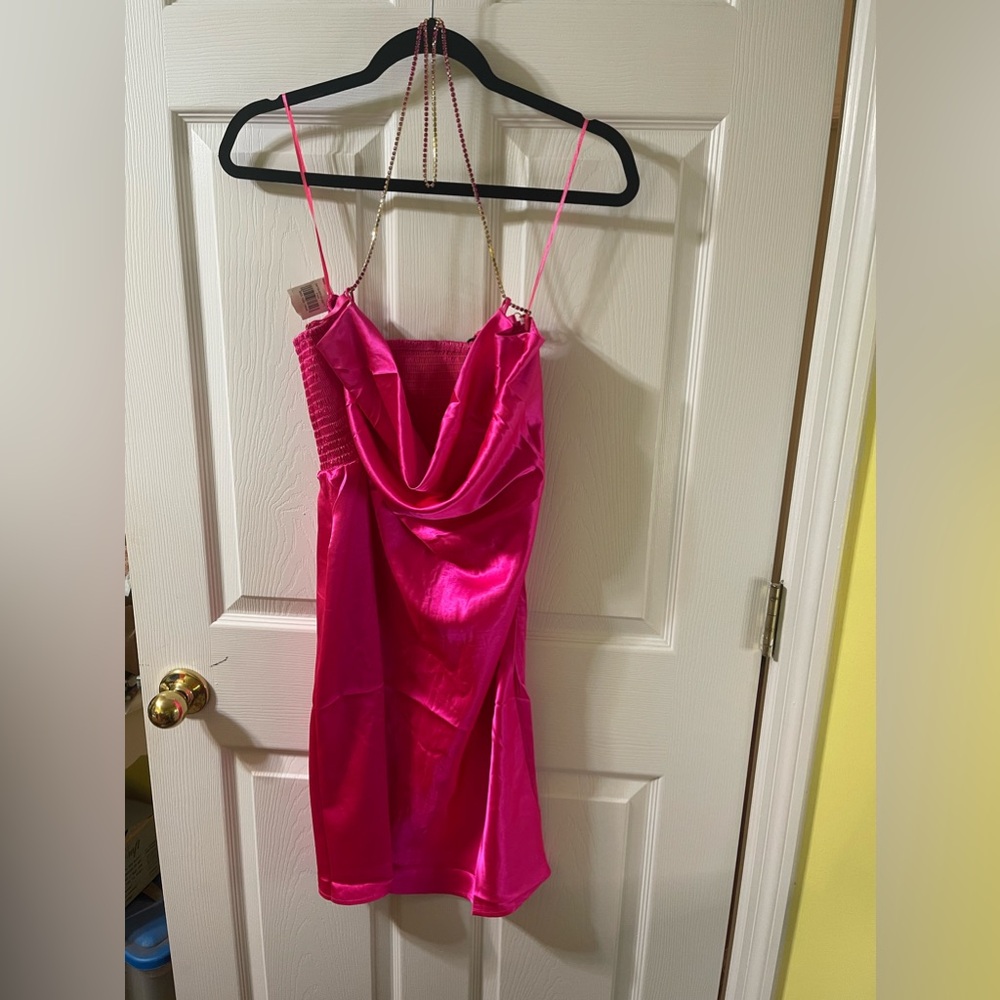 Barbie pink satin‎ mini dress NWT size L